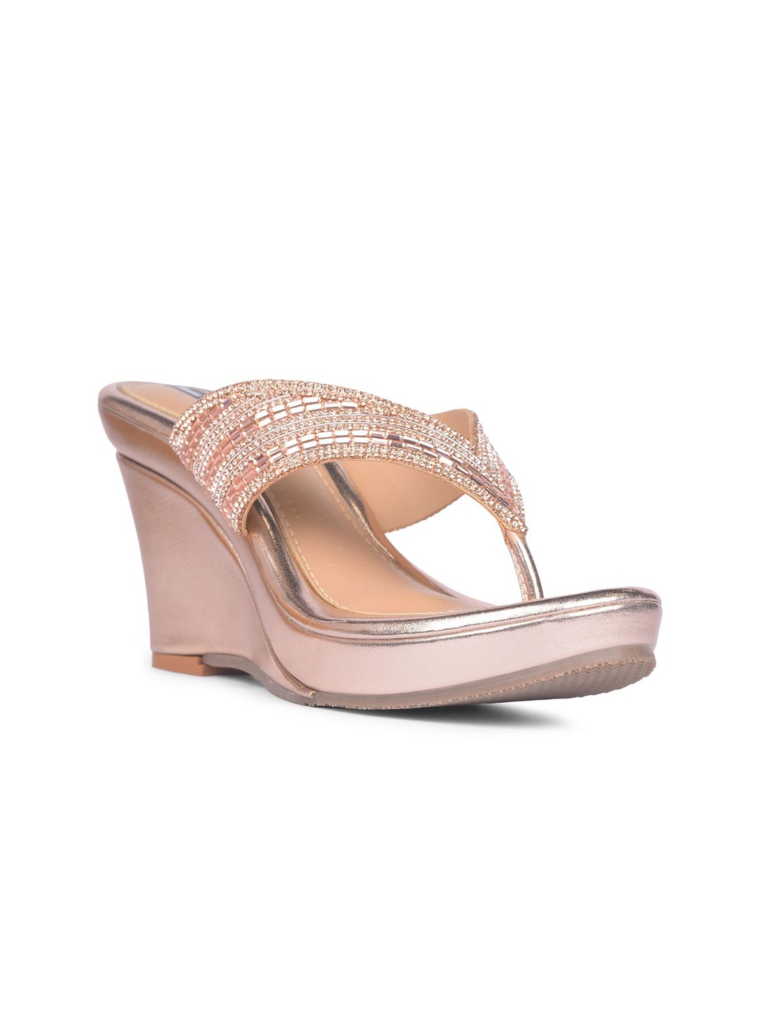 

Bata Embellished Open Toe Leather Wedge Heels, Rose gold