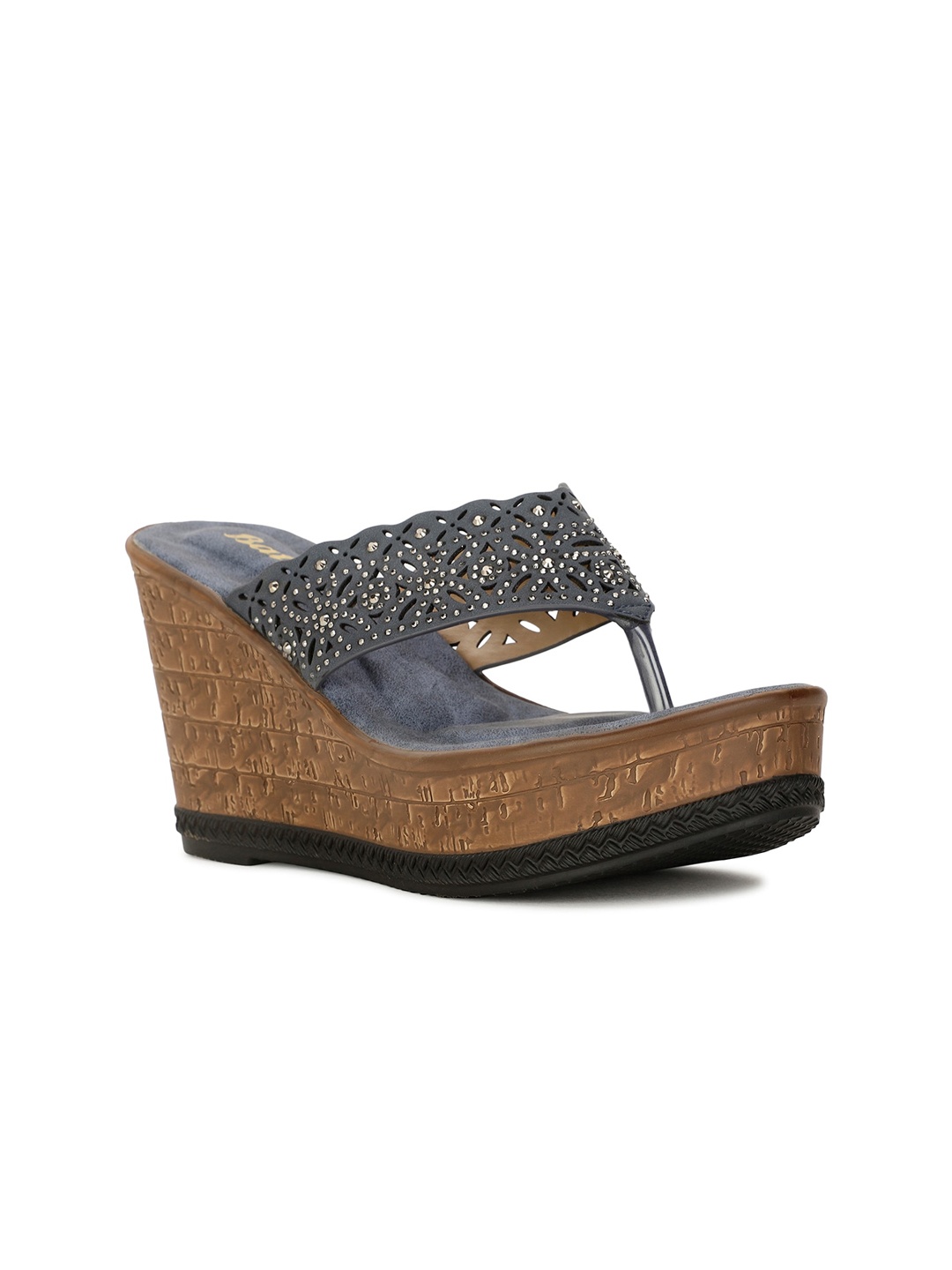 

Bata Embellished Open Toe Leather Wedge Heels, Navy blue