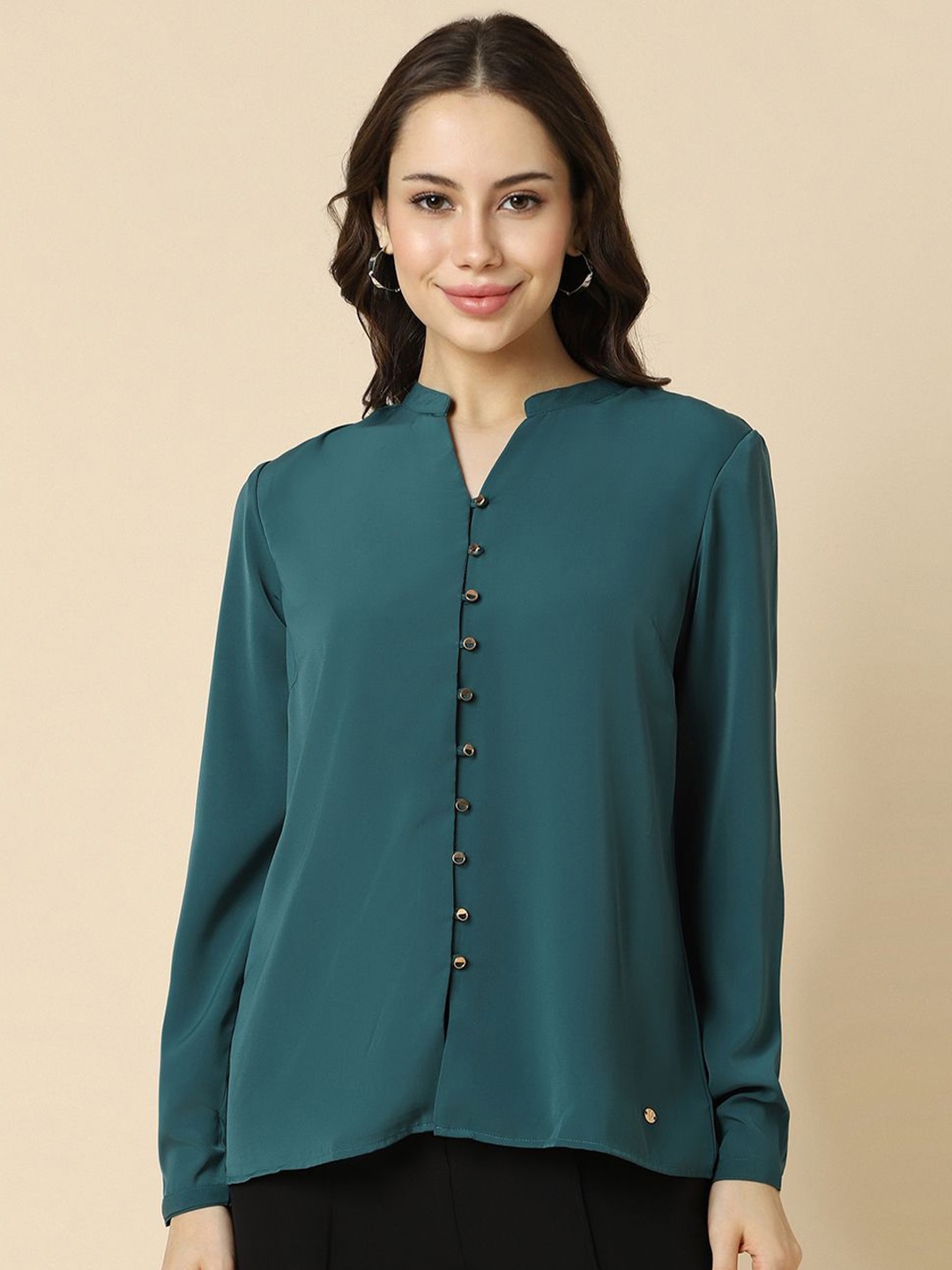 

Allen Solly Woman Mandarin Collar Shirt Style Formal Top, Green