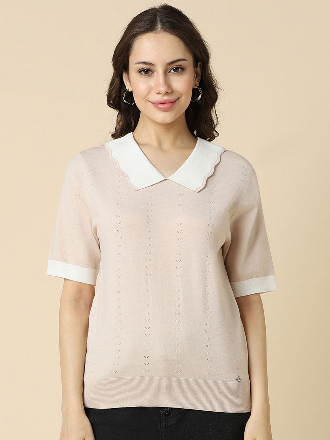 

Allen Solly Woman Solid Shirt Collar Self Design Top, Beige