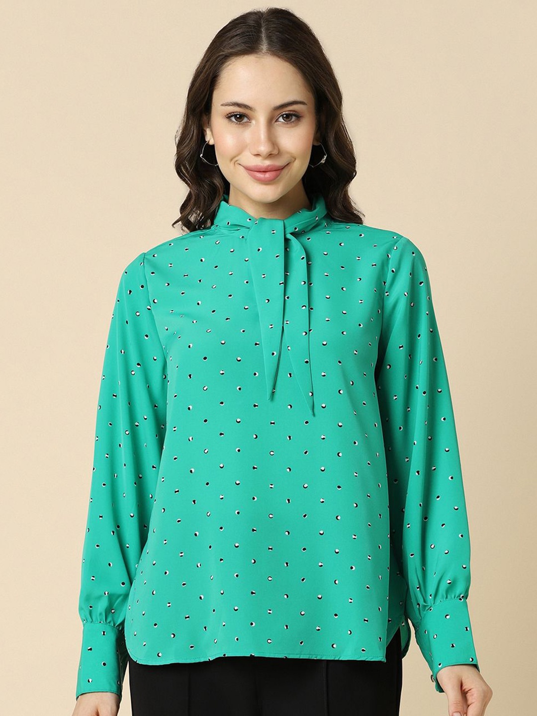 

Allen Solly Woman Geometric Printed Tie-Up Neck Formal Top, Green