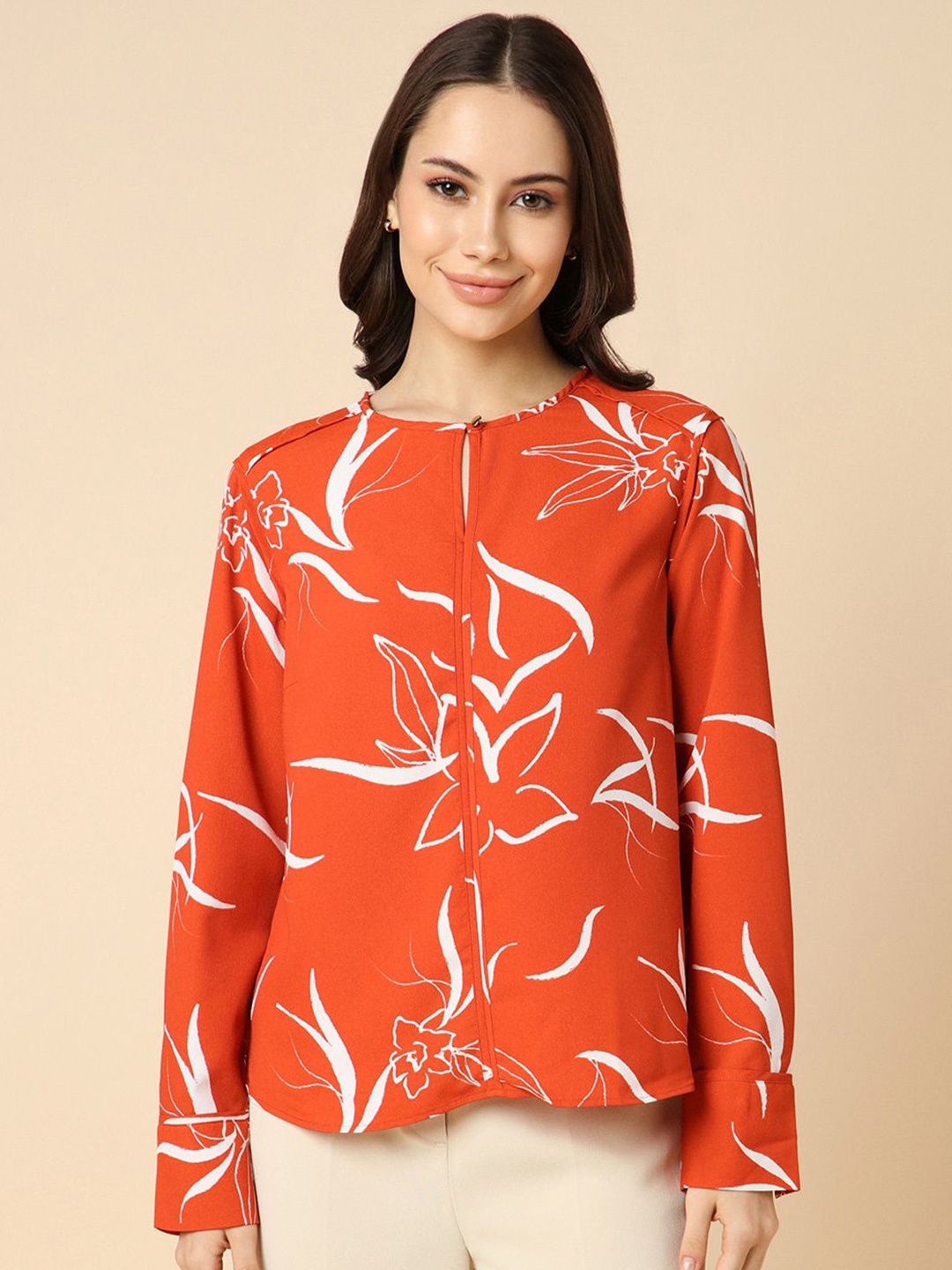 

Allen Solly Woman Floral Printed Keyhole Neck Top, Orange