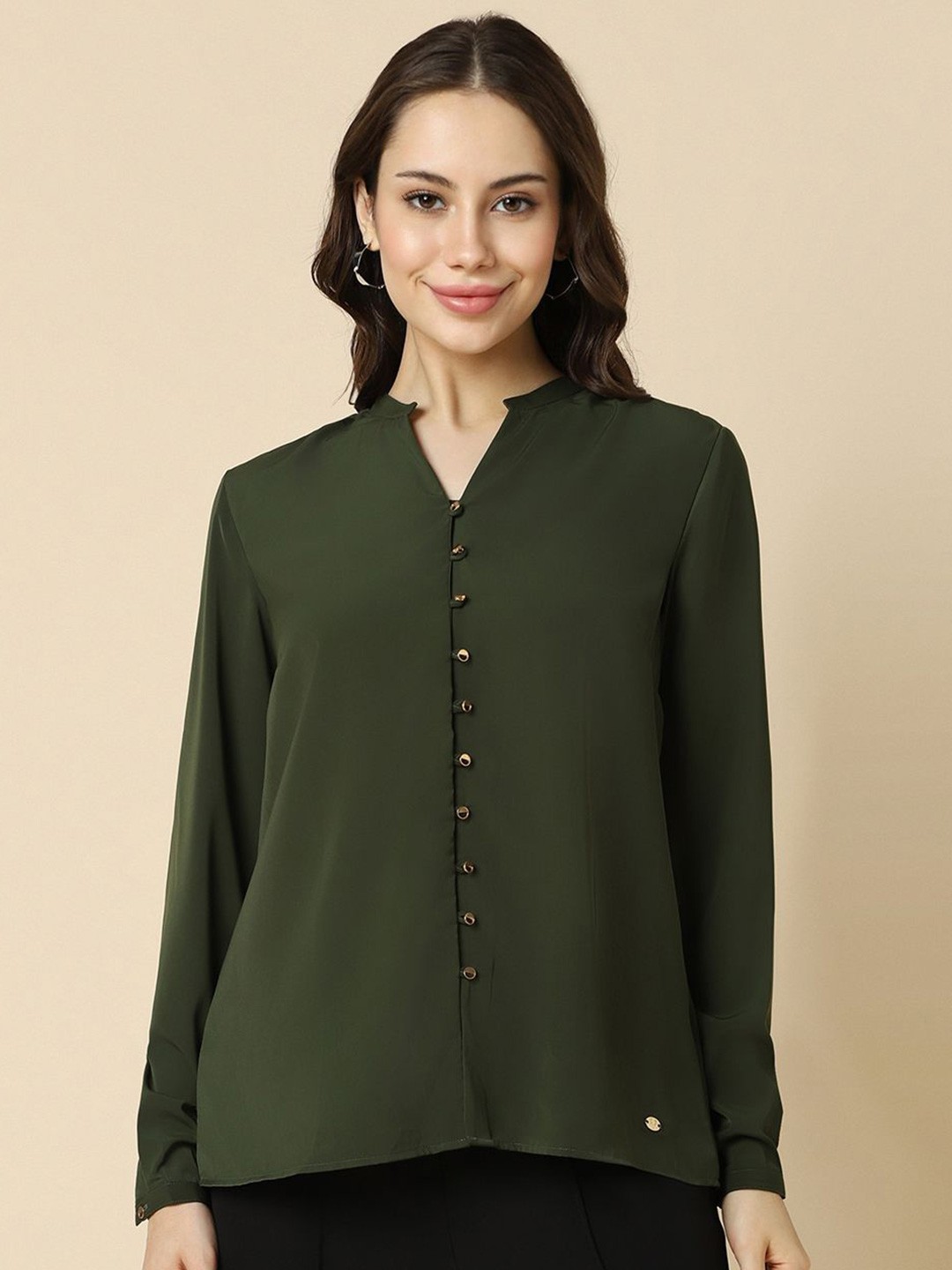 

Allen Solly Woman Mandarin Collar Shirt Style Formal Top, Olive
