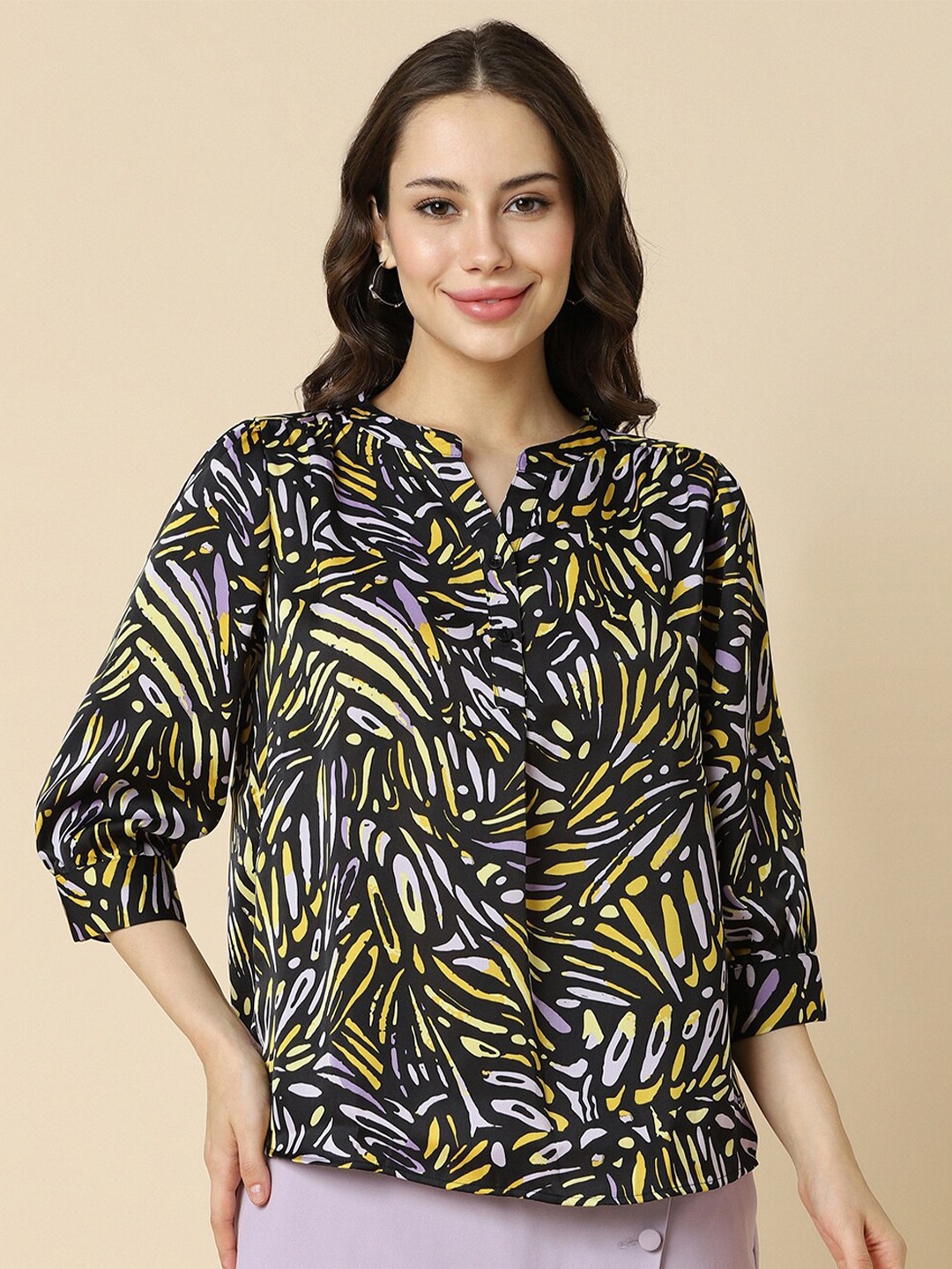 

Allen Solly Woman Abstract Printed Mandarin Collar Top, Black