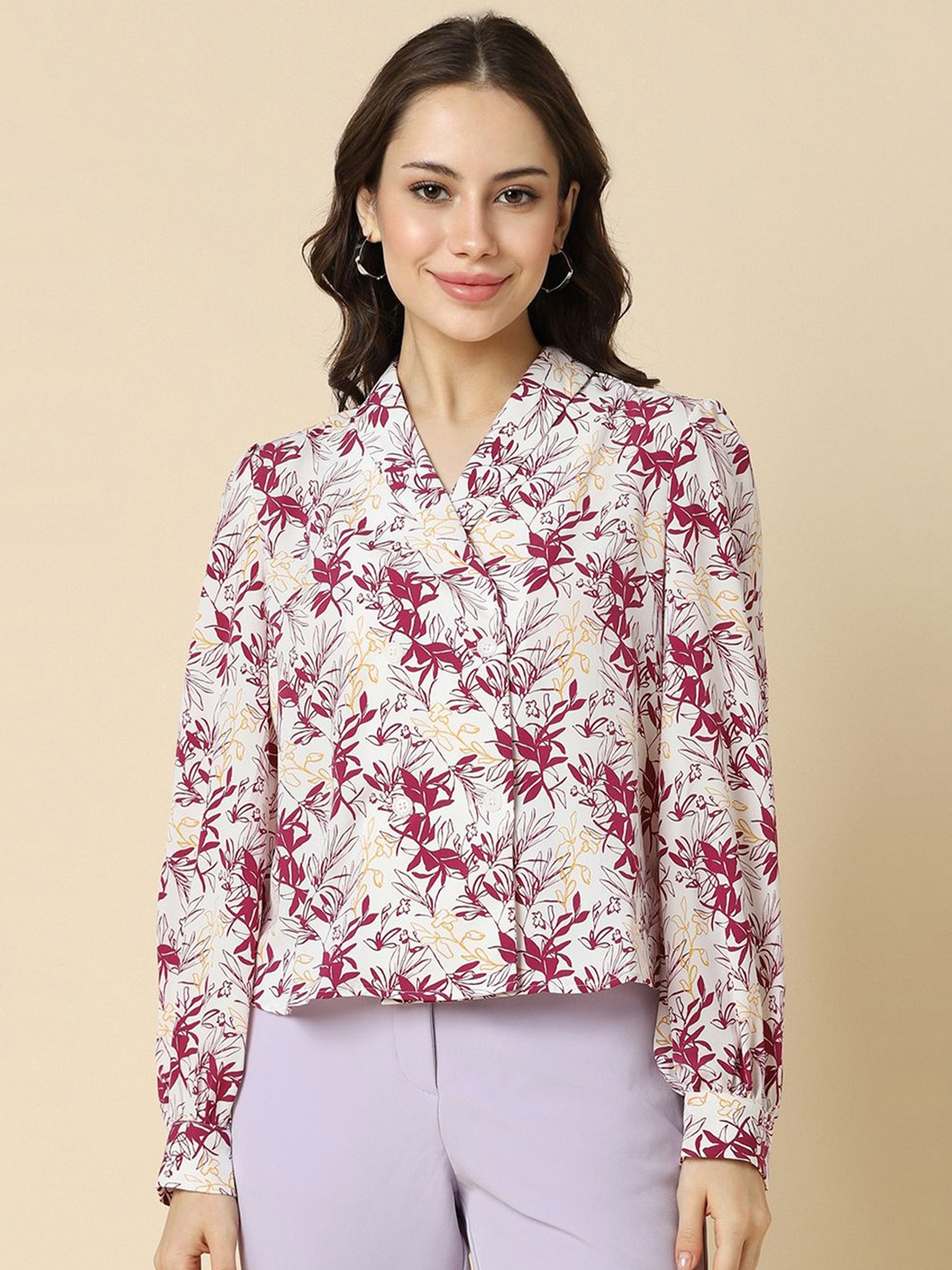 

Allen Solly Woman Tropical Printed Shirt Style Top, White