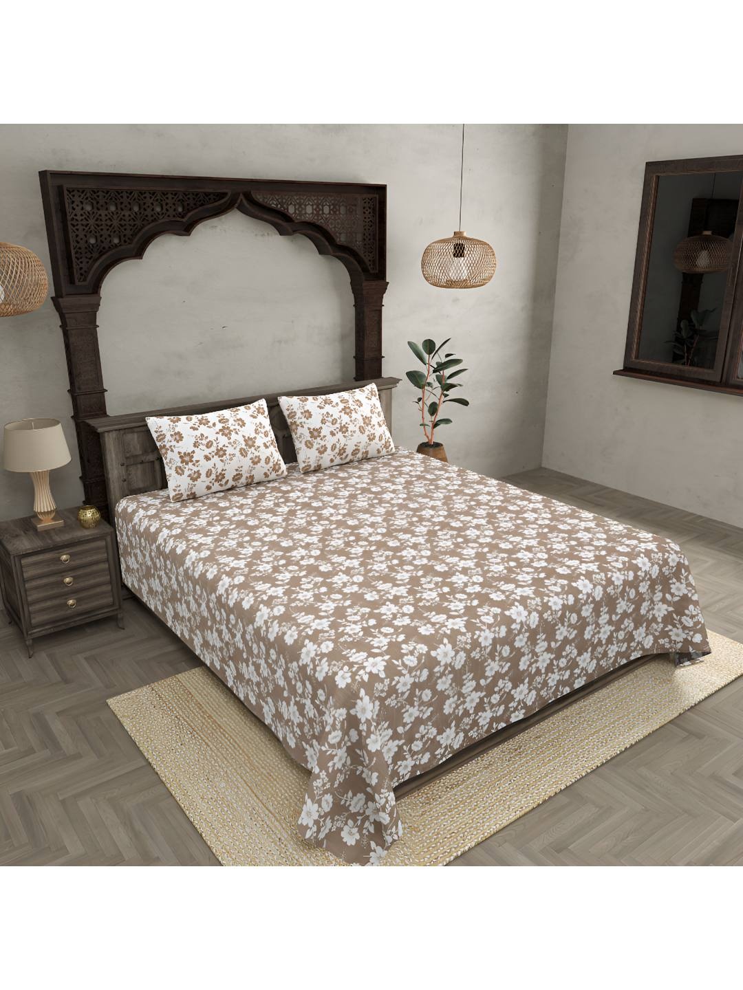 

BED-SHEET.COM Summer Revival Grey & White Printed 300 TC Cotton King Bedsheet Set