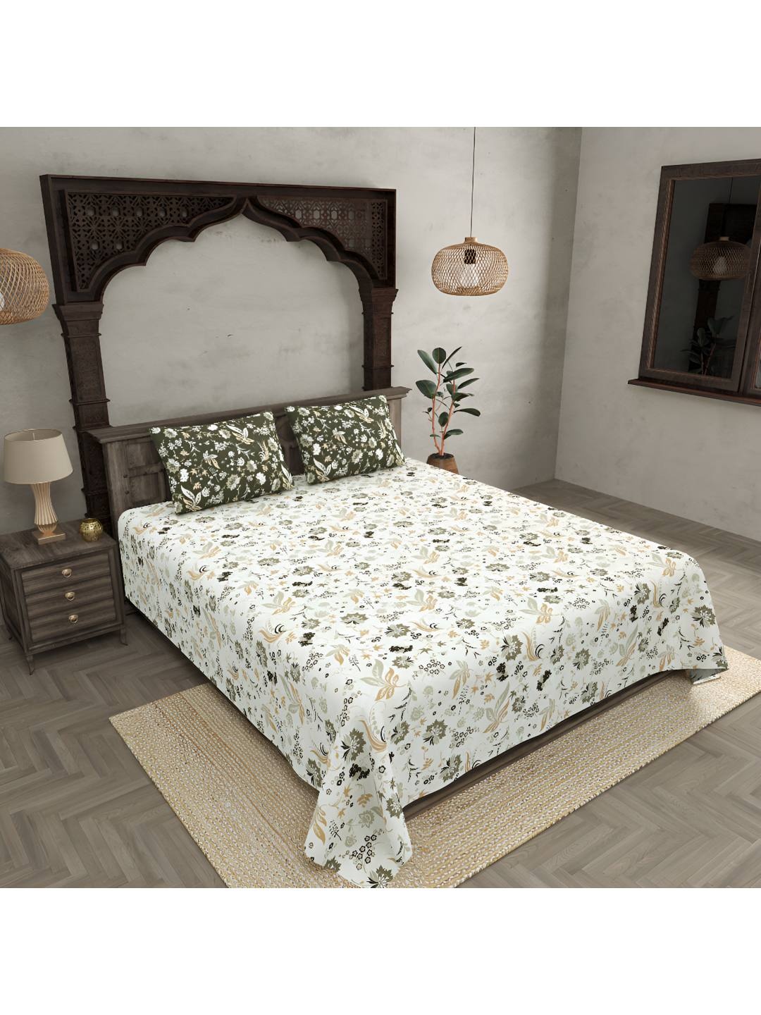 

BED-SHEET.COM Off White Floral 300 TC Cotton King Bedsheet with 2 Pillow Covers