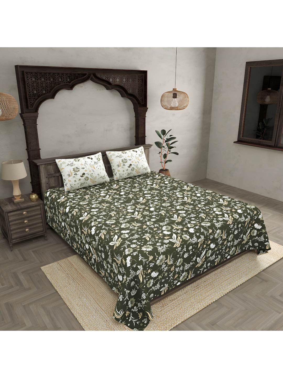 

BED-SHEET.COM Green Ethnic Motifs 280 TC Pure Cotton King Bedsheet With 2 Pillow Covers