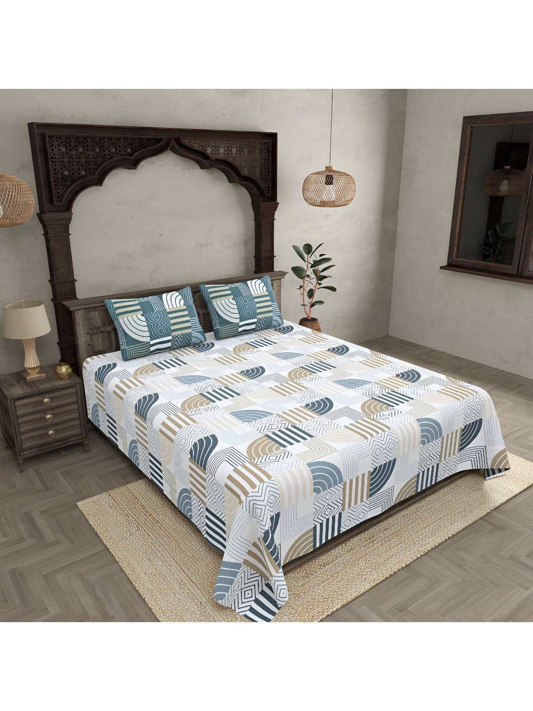 

BED-SHEET.COM Green & White Geometric 300 TC Cotton King Bedsheet with 2 Pillow Covers