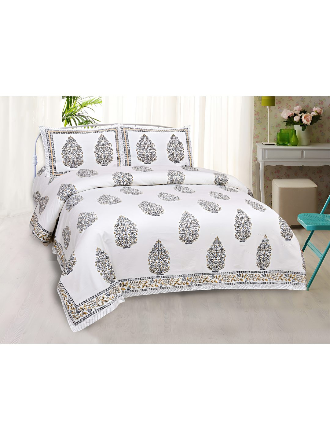 

BED-SHEET.COM Grey & White Floral 300 TC Cotton King Bedsheet with 2 Pillow Covers