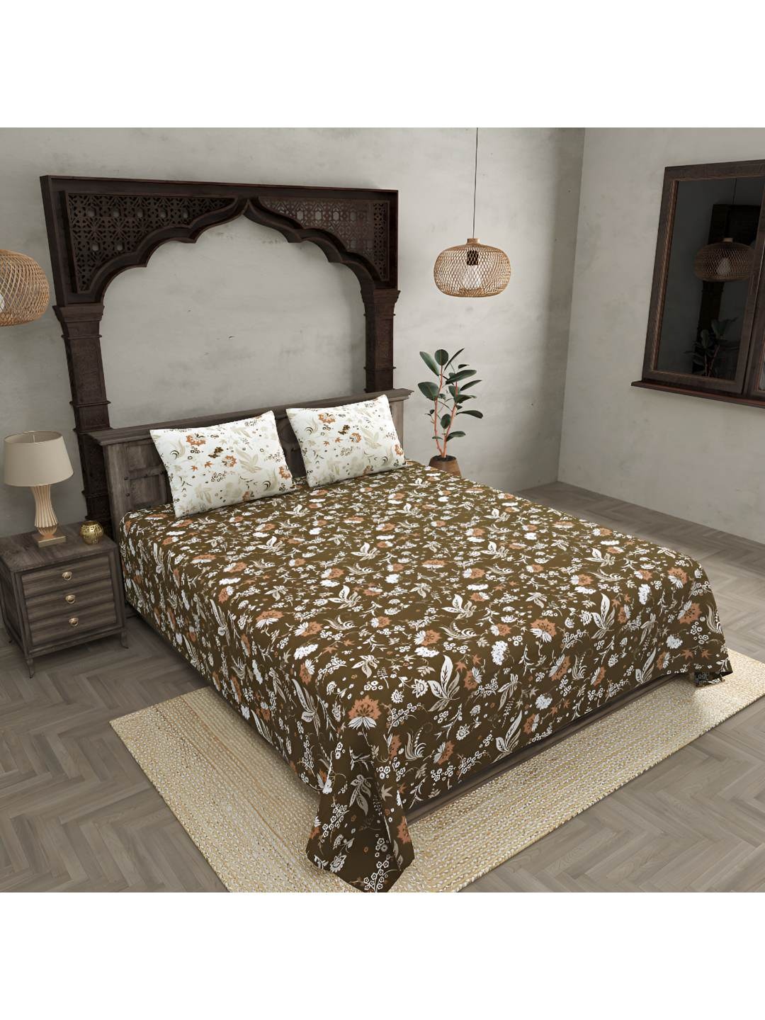 

BED-SHEET.COM Grey & White Printed 300 TC Cotton King Bedsheet With 2 Pillow Covers