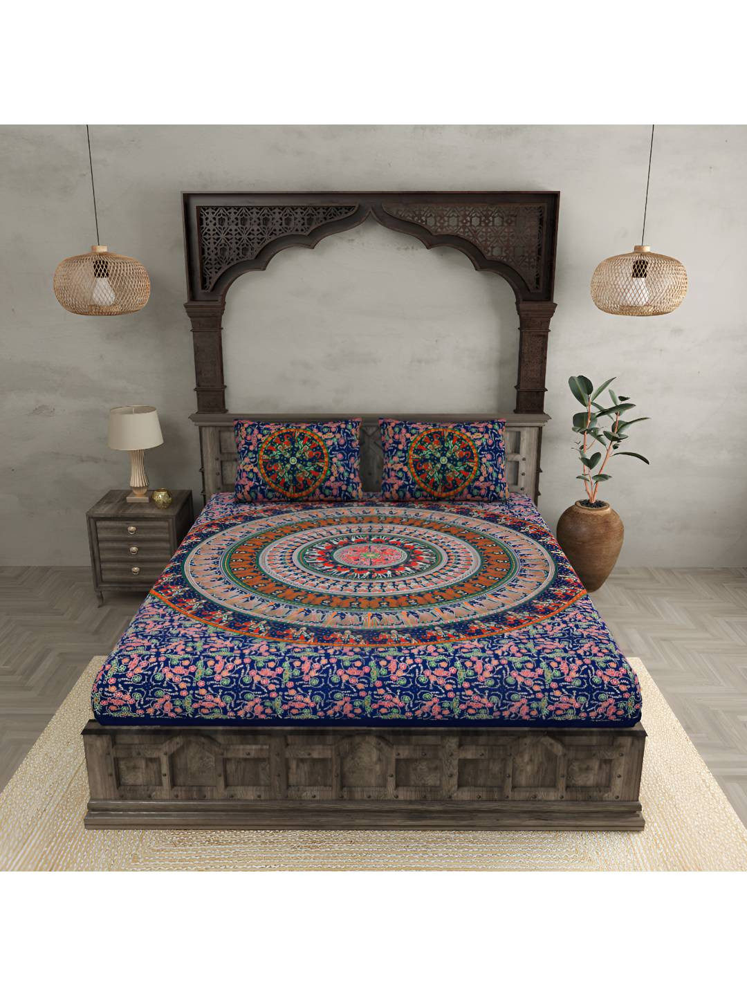 

BED-SHEET.COM Blue Ethnic Motifs 120 TC Pure Cotton King Bedsheet With 2 Pillow Covers