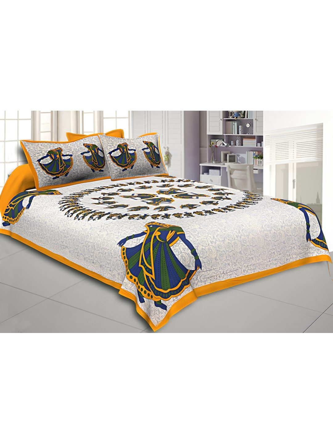 

BED-SHEET.COM Yellow & White Ethnic Motifs 180 TC King Bedsheet with 2 Pillow Covers