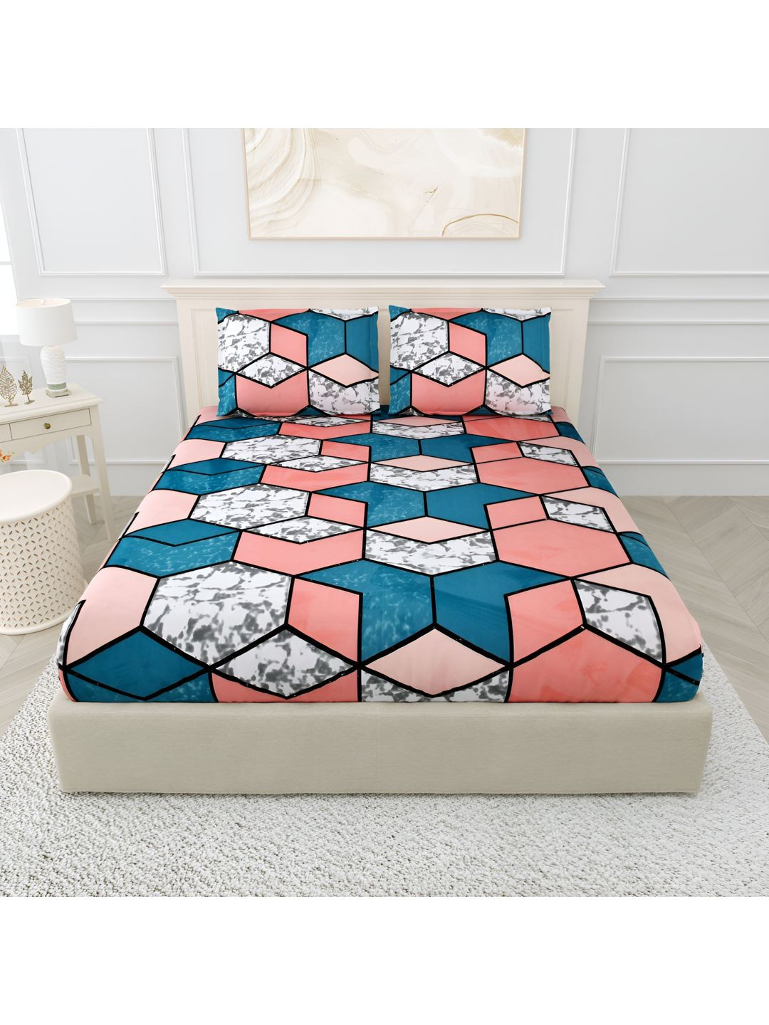 

BED-SHEET.COM Pink & Blue Geometric 180 TC Pure Cotton King Bedsheet With 2 Pillow Covers