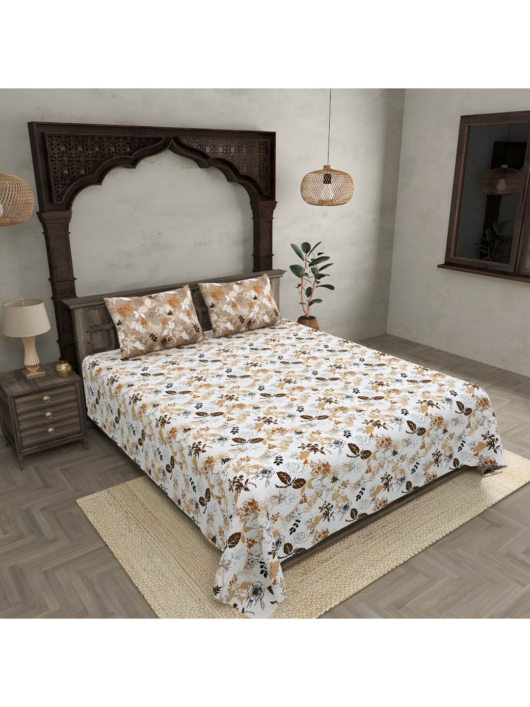 

BED-SHEET.COM Brown & White Floral 300 TC Cotton King Bedsheet with 2 Pillow Covers