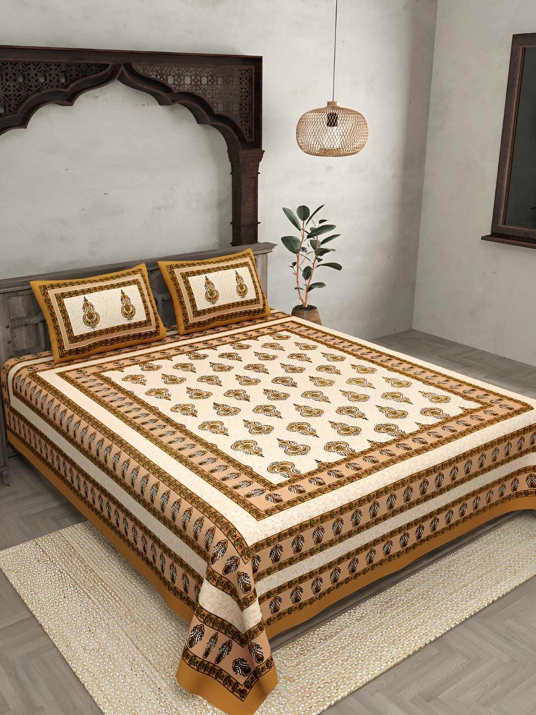 

BED-SHEET.COM Brown & White Ethnic Motifs 180 TC Cotton King Bedsheet with 2 Pillow Covers