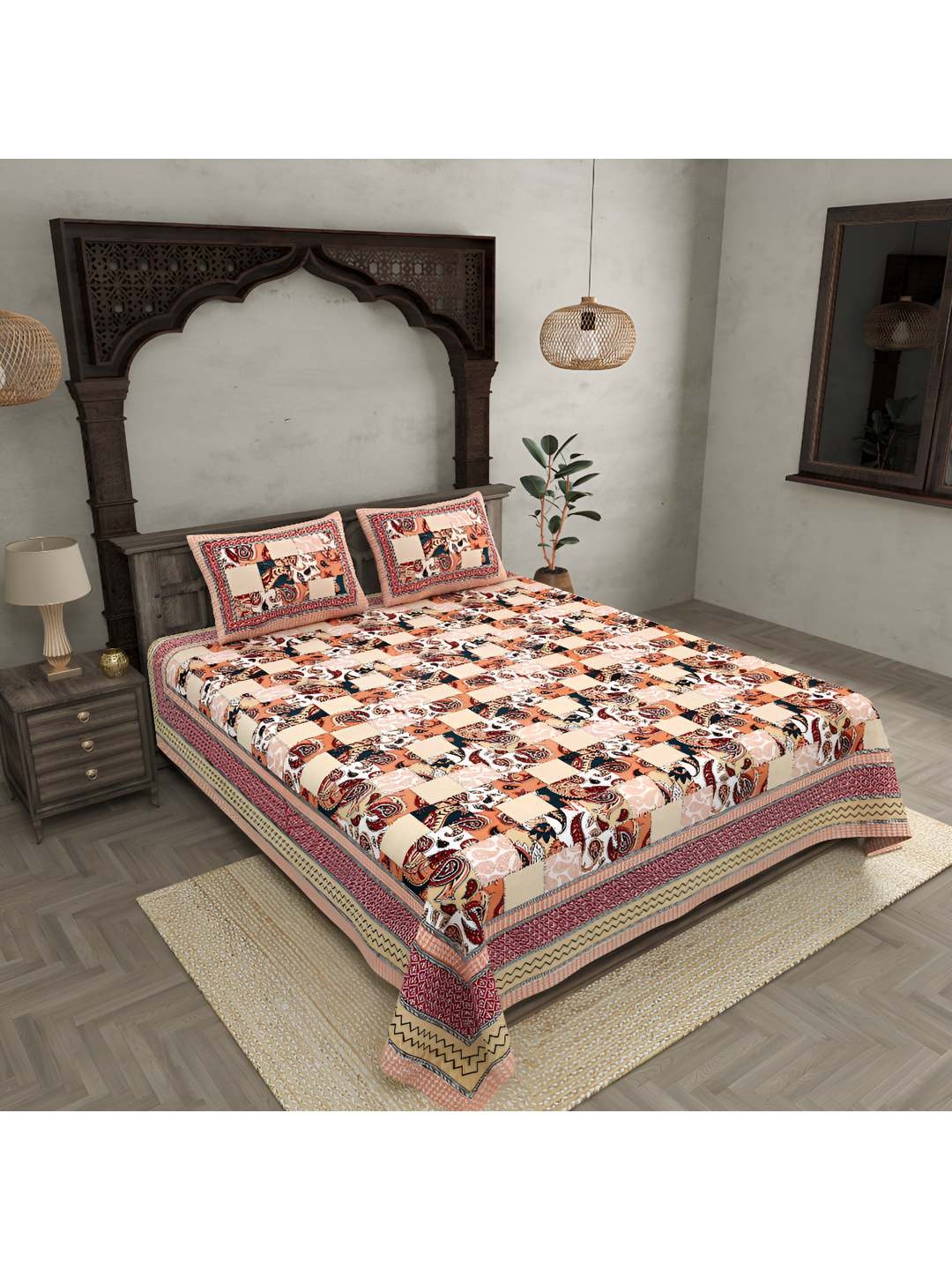 

BED-SHEET.COM Red & Brown Ethnic Motifs 250 TC Cotton King Bedsheet with 2 Pillow Covers