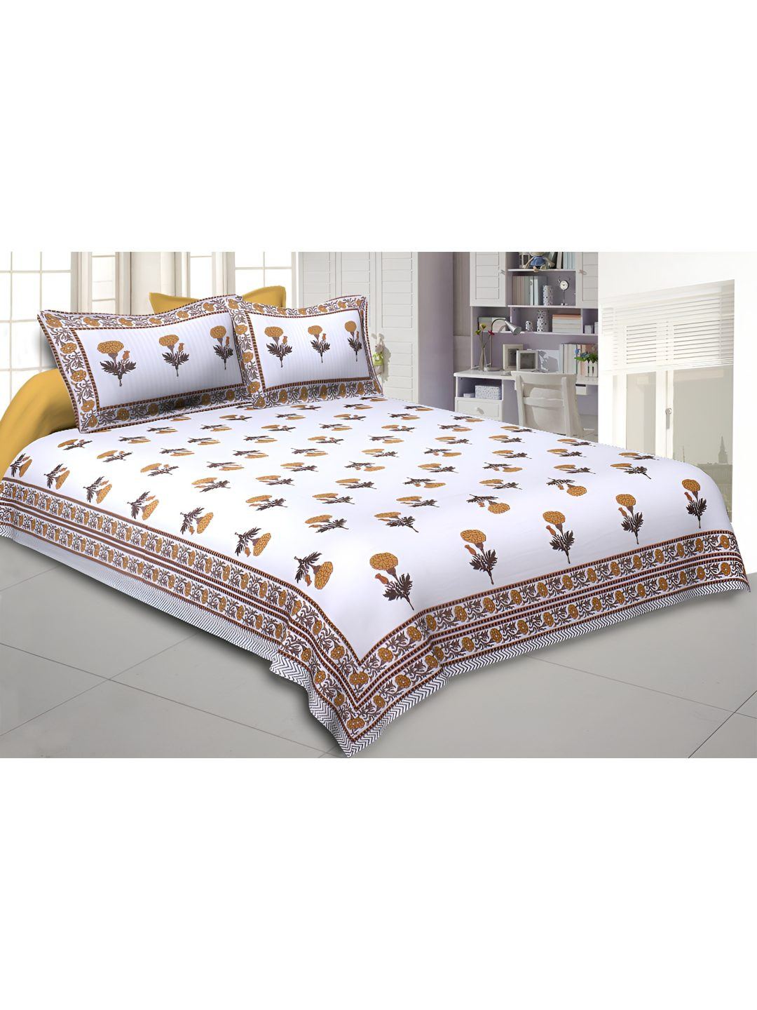 

BED-SHEET.COM Yellow & White Floral 250 TC Pure Cotton King Bedsheet With 2 Pillow Covers