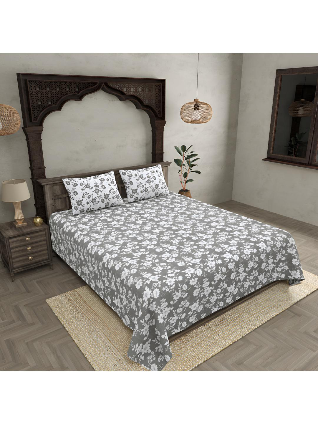 

BED-SHEET.COM Off White & Grey Floral 280 TC Pure Cotton King Bedsheet & 2 Pillow Covers
