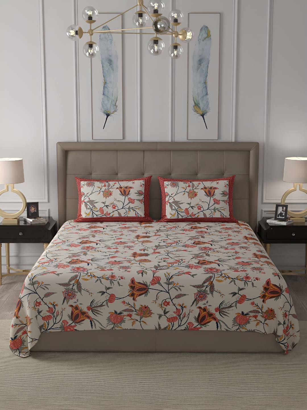 

BED-SHEET.COM Pink & Green Floral 250 TC Cotton King Bedsheet with 2 Pillow Covers