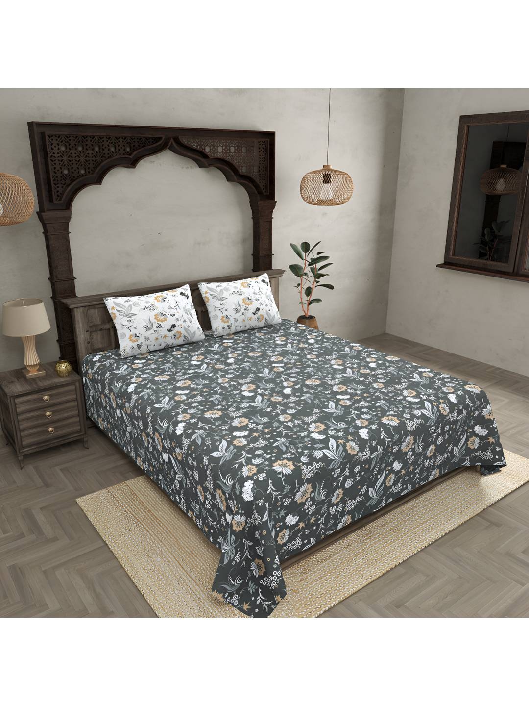 

BED-SHEET.COM Green & White Floral 300 TC Cotton King Bedsheet with 2 Pillow Covers