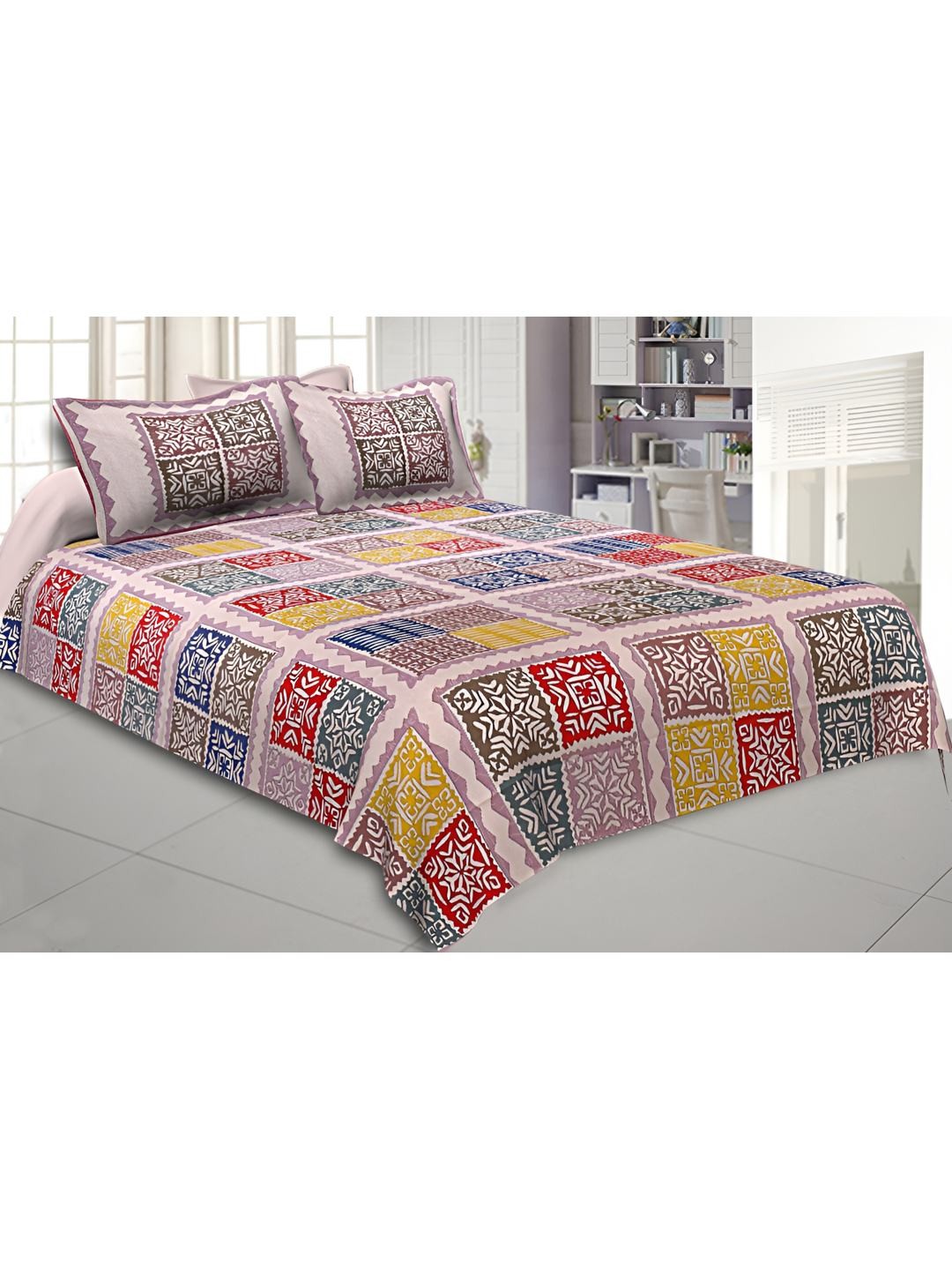 

BED-SHEET.COM Red & Blue Printed 250 TC Cotton King Bedsheet With 2 Pillow Covers