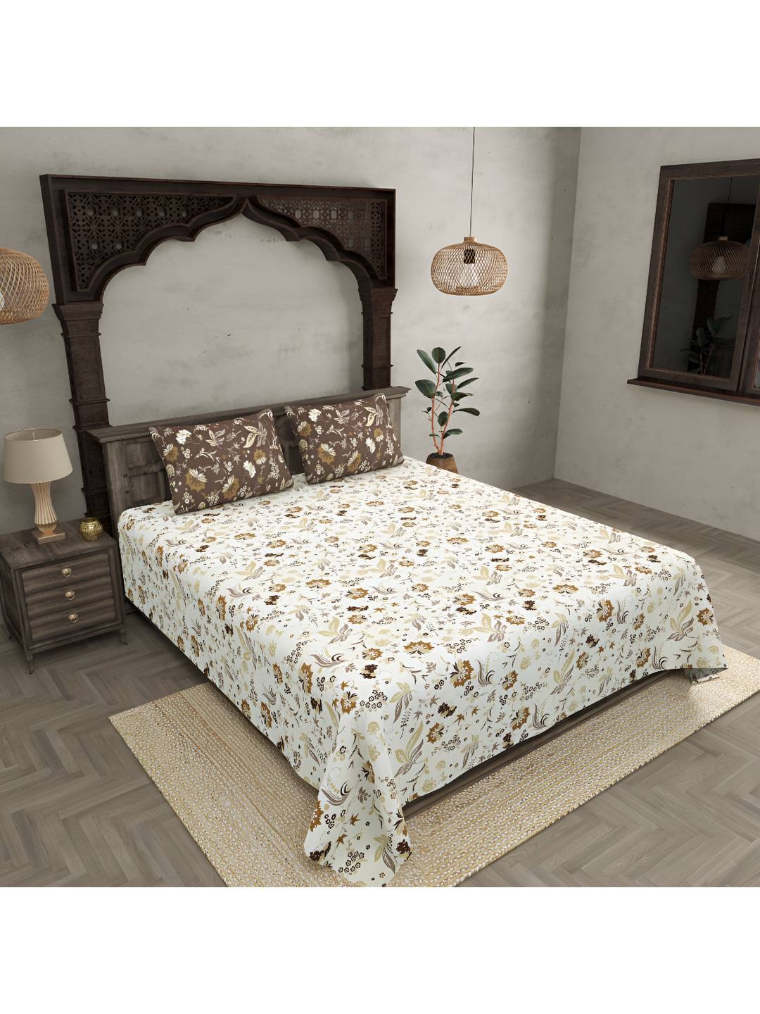 

BED-SHEET.COM Off White & Brown Floral 300 TC Cotton King Bedsheet with 2 Pillow Covers