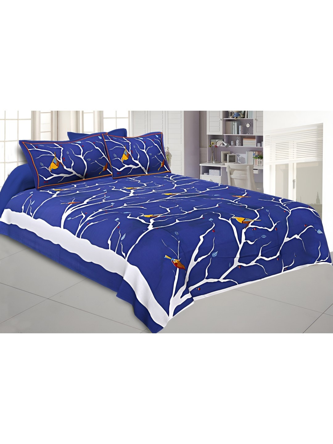 

BED-SHEET.COM Blue & White Ethnic Motifs 144 TC King Bedsheet with 2 Pillow Covers
