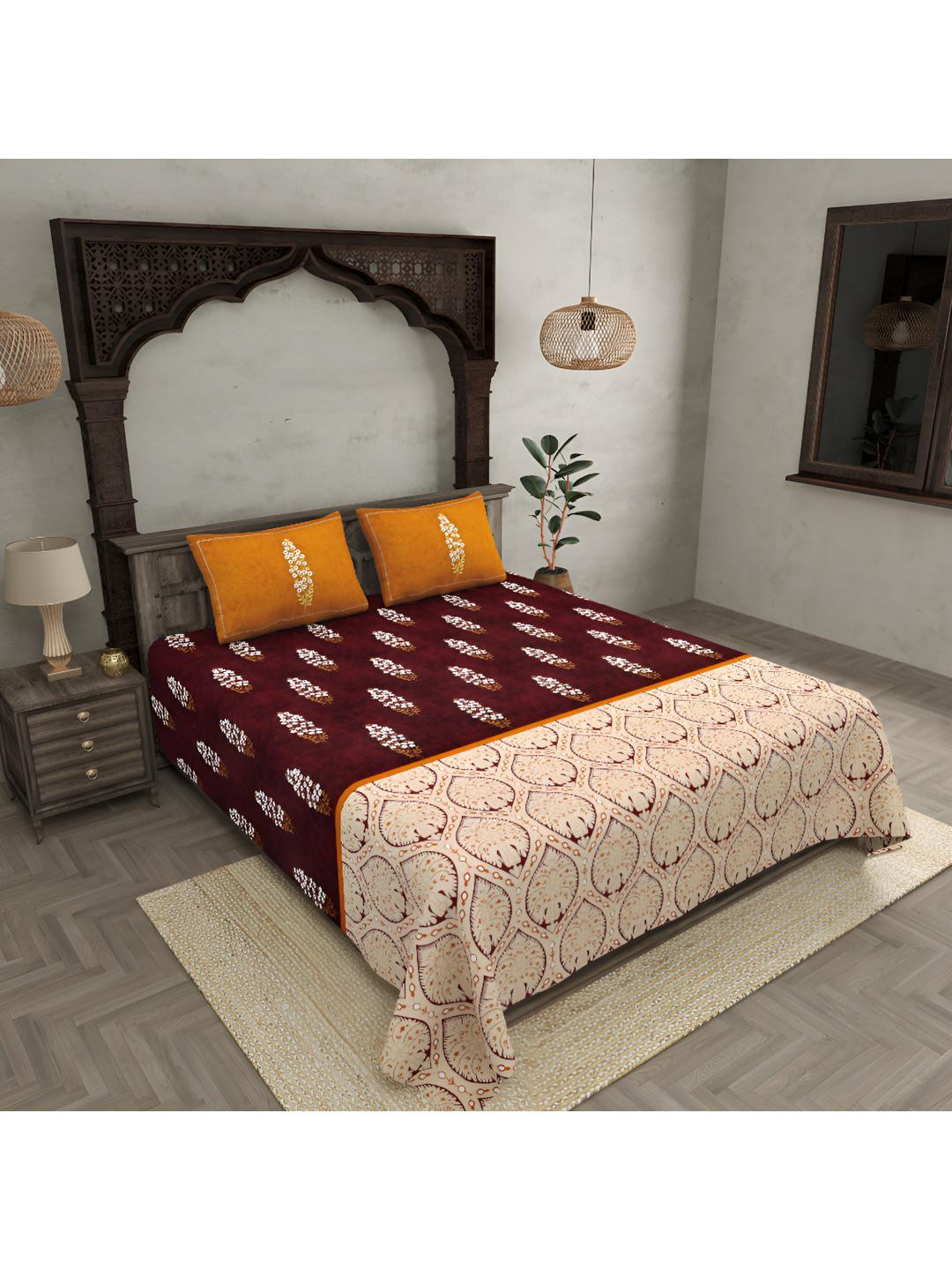 

BED-SHEET.COM Maroon Ethnic Motifs 280 TC Pure Cotton King Bedsheet & 2 Pillow Covers