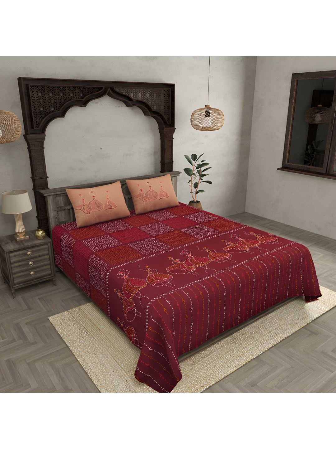 

BED-SHEET.COM Maroon Ethnic Motifs 300 TC Cotton King Bedsheet with 2 Pillow Covers