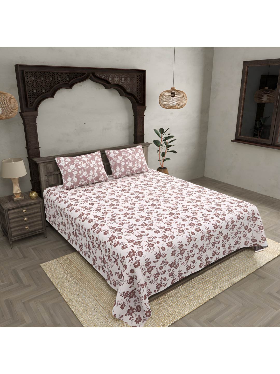

BED-SHEET.COM Summer Revival White & Brown Printed 300 TC Cotton King Bedsheet Set