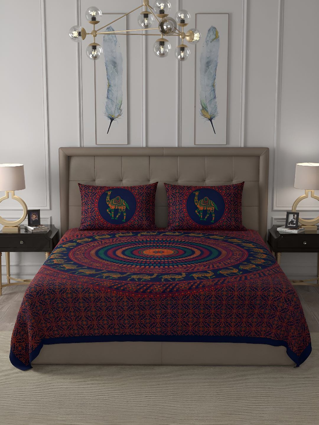 

BED-SHEET.COM Blue & Red Printed 180 TC Cotton King Bedsheet With 2 Pillow Covers