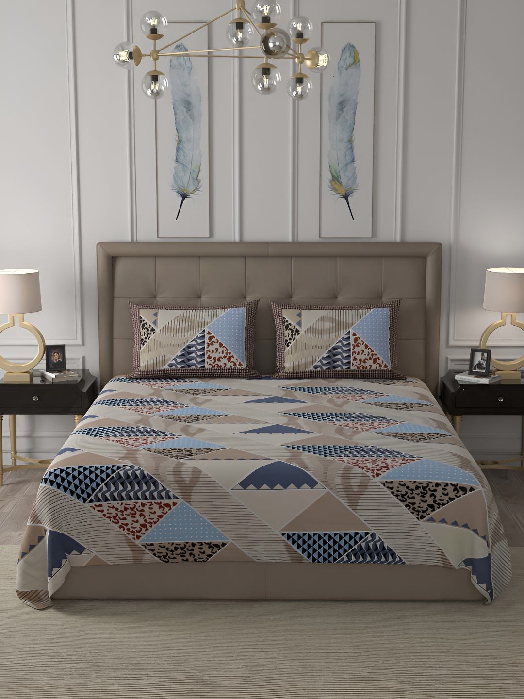 BED-SHEET.COM Blue & Red Geometric 250 TC Pure Cotton King Bedsheet With 2 Pillow Covers