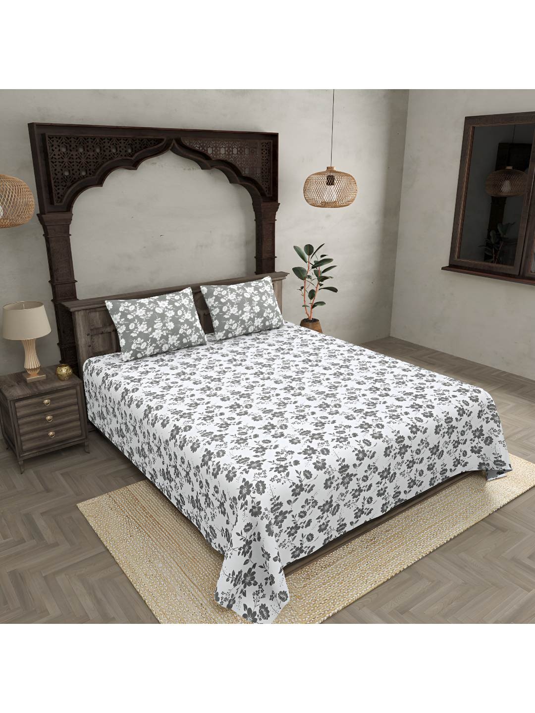 

BED-SHEET.COM Off White & Green Printed 300 TC Cotton King Bedsheet With 2 Pillow Covers