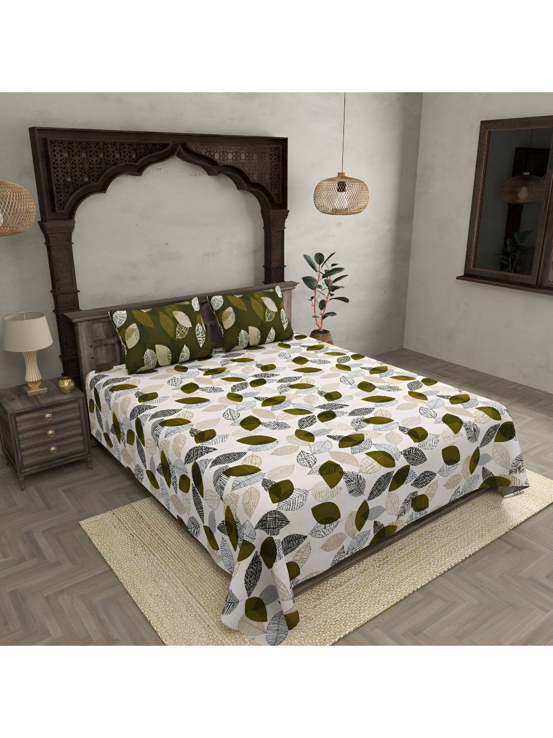 

BED-SHEET.COM Brown & White Ethnic Motifs 300 TC Cotton King Bedsheet with 2 Pillow Covers