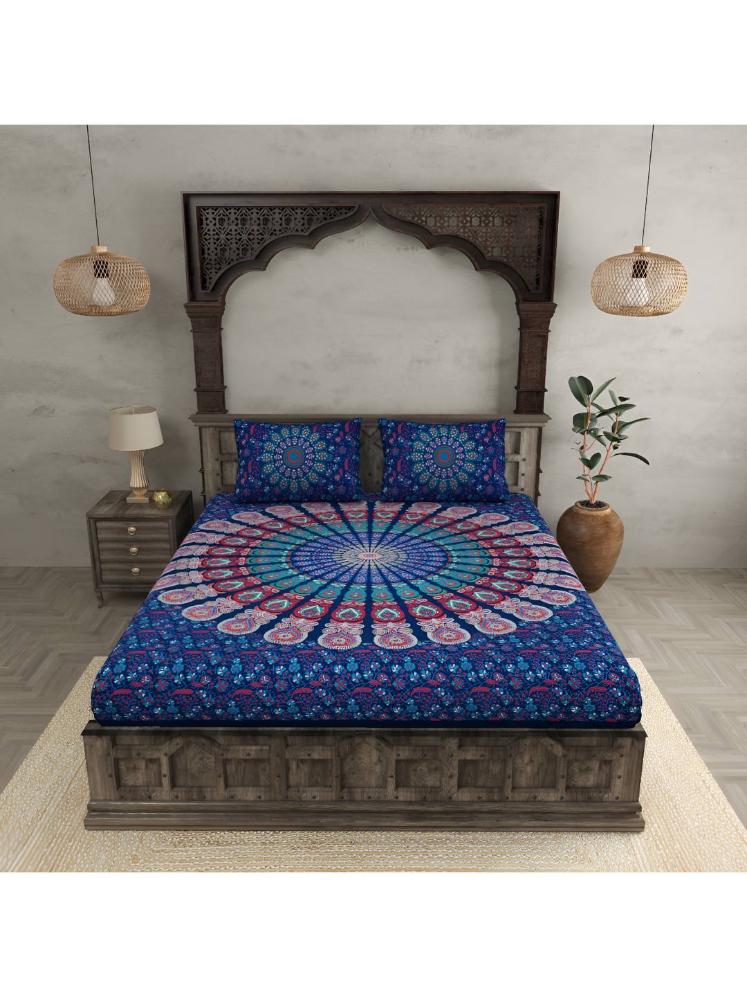 

BED-SHEET.COM Blue & Red Printed Cotton 120 TC King Bedsheet With 2 Pillow Covers