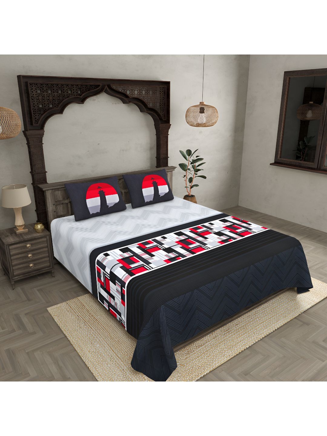 

BED-SHEET.COM Grey & Red Geometric 300 TC Cotton King Bedsheet with 2 Pillow Covers