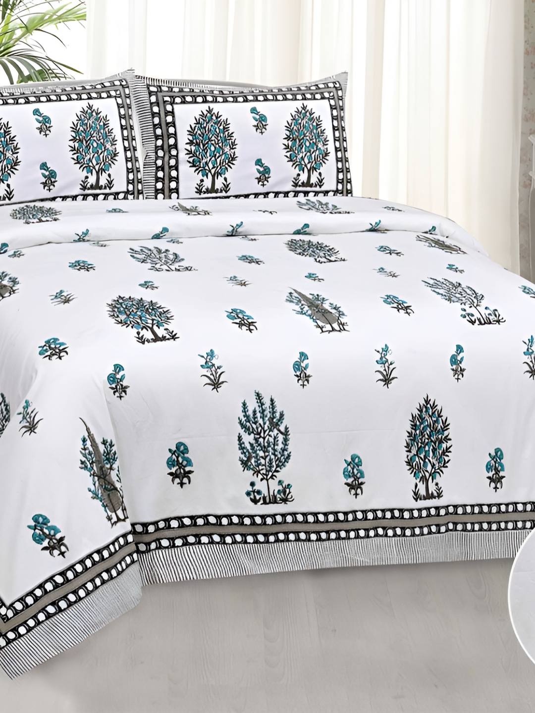 BED-SHEET.COM White & Green Floral 250 TC King Bedsheet with 2 Pillow Covers