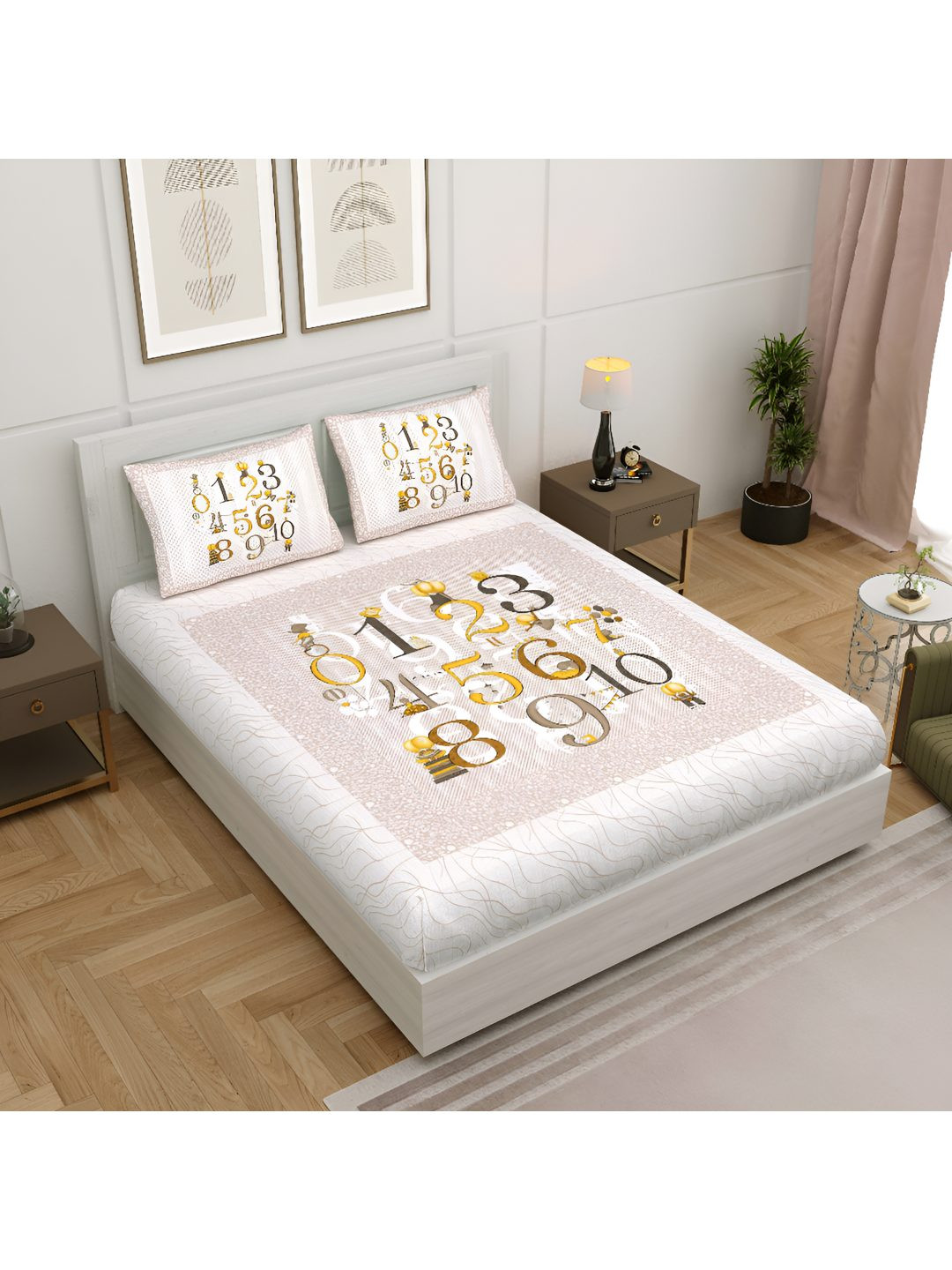 

BED-SHEET.COM Peach & White Typography 250 TC Cotton King Bedsheet with 2 Pillow Covers