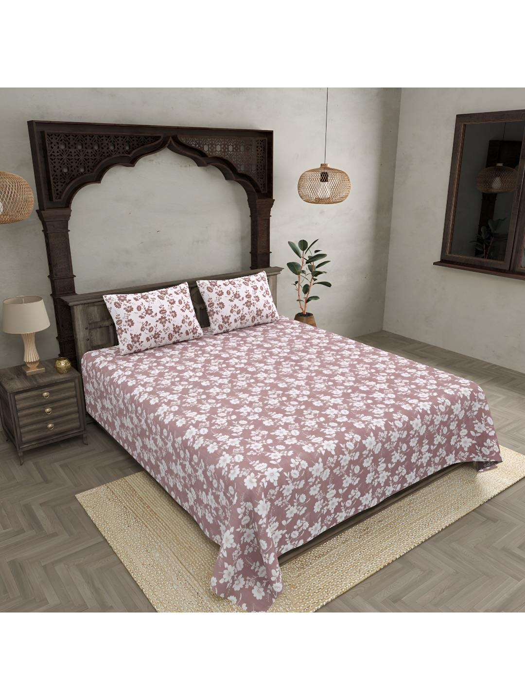 

BED-SHEET.COM White & Red Floral 300 TC Cotton King Bedsheet with 2 Pillow Covers