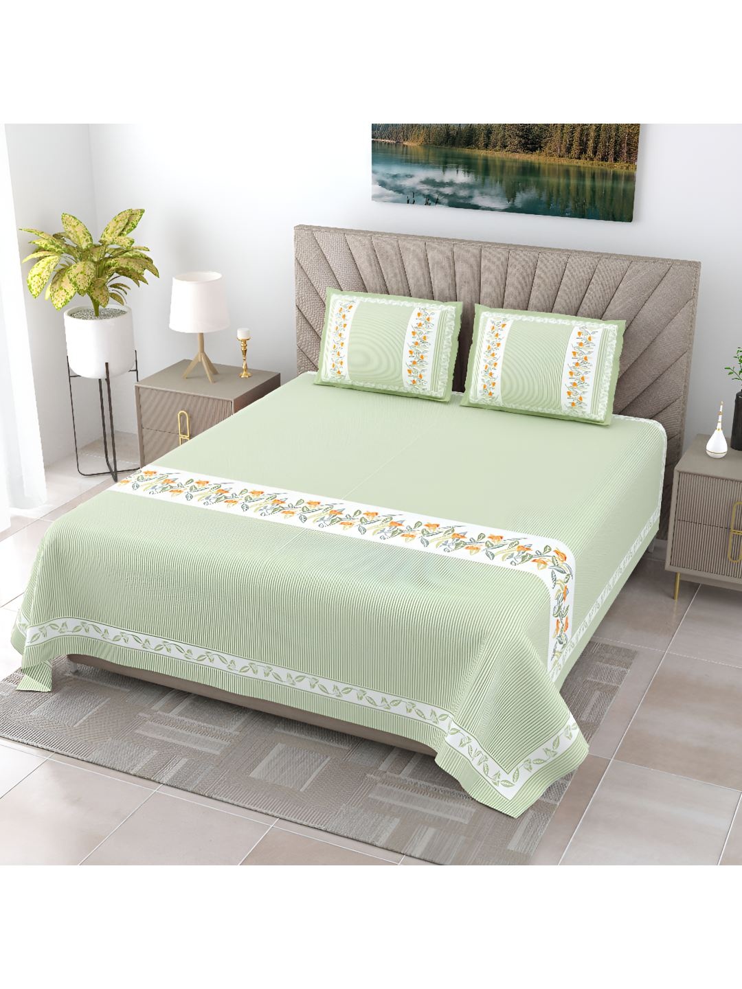 

BED-SHEET.COM Green & White Floral 250 TC Cotton King Bedsheet with 2 Pillow Covers