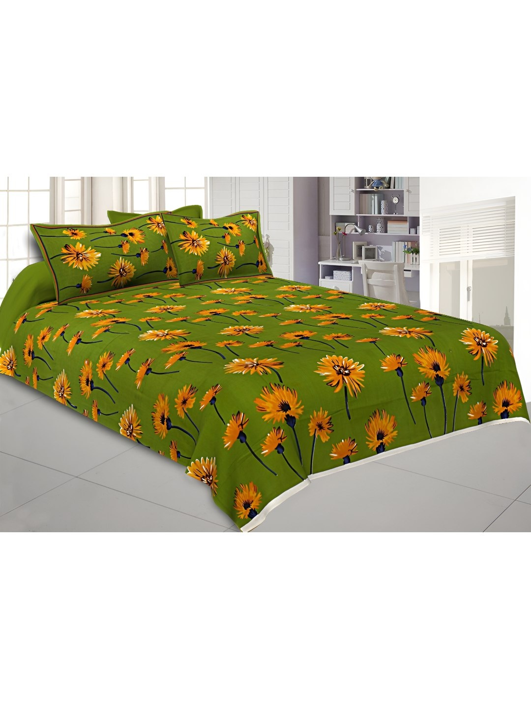 

BED-SHEET.COM Green & Orange Floral 144 TC King Bedsheet with 2 Pillow Covers
