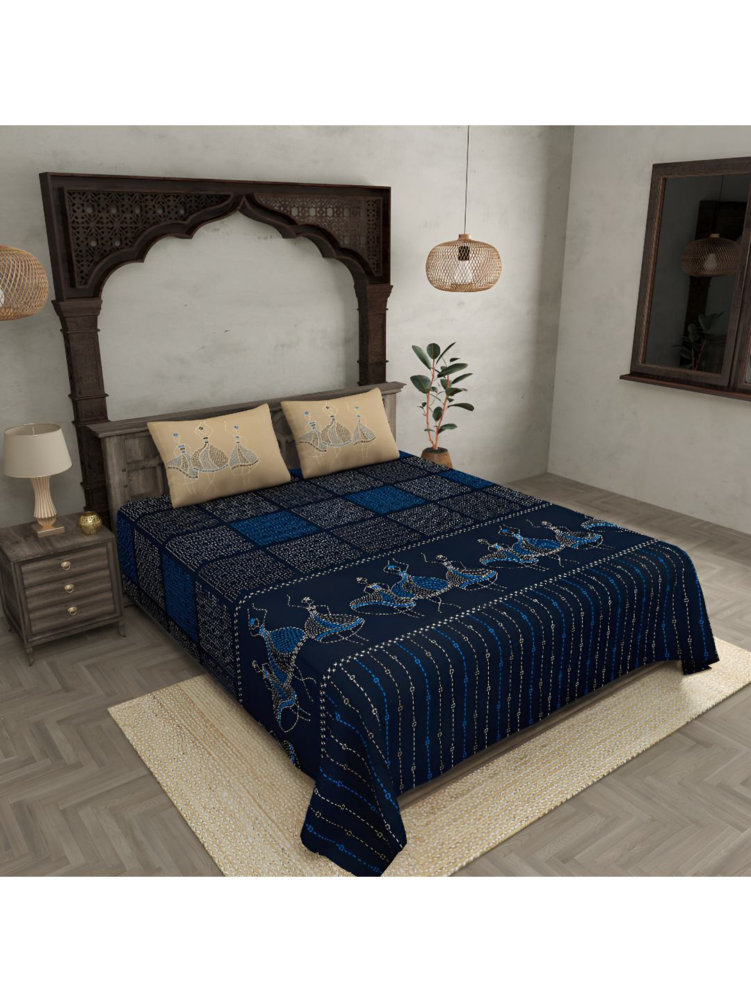 

BED-SHEET.COM Navy Blue Ethnic Motifs 300 TC Cotton King Bedsheet with 2 Pillow Covers
