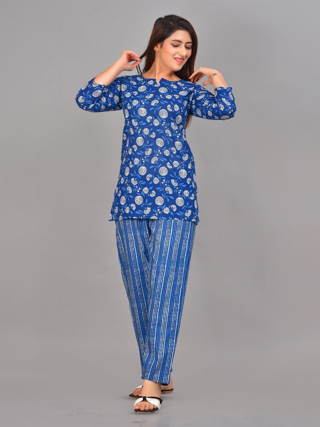 

FCV Printed Pure Cotton Tunic with Trousers, Blue
