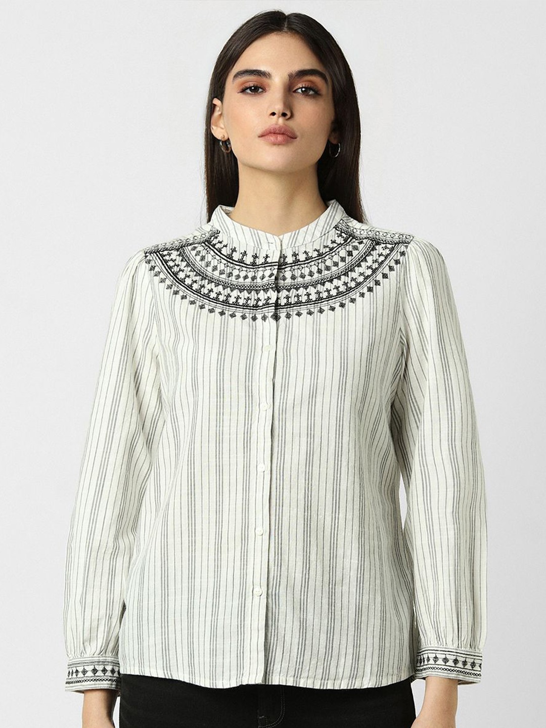 

Van Heusen Woman Embroidered Striped Mandarin Collar Shirt Style Top, White