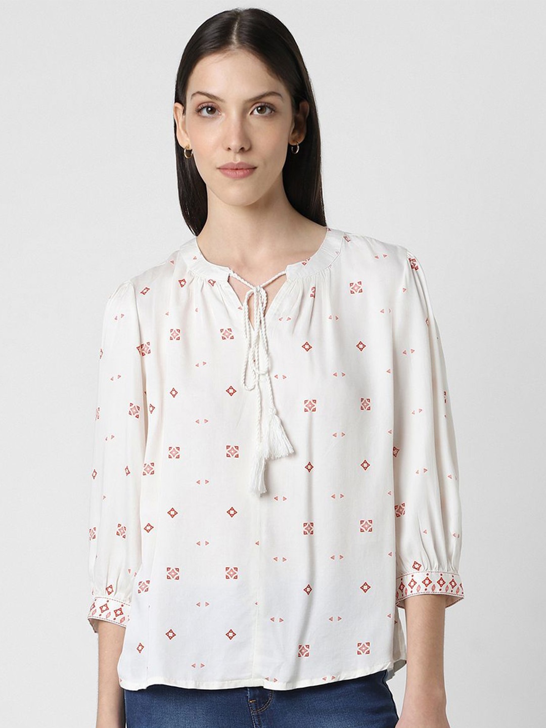

Van Heusen Woman Conversational Printed Tie-Up Neck Top, White