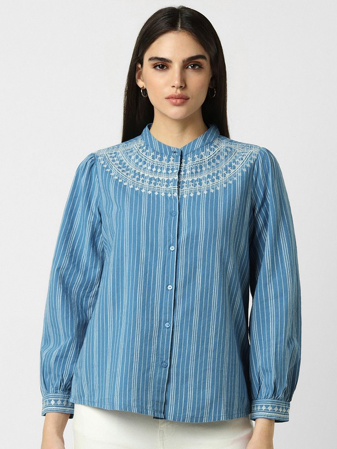 

Van Heusen Woman Embroidered Striped Mandarin Collar Shirt Style Top, Blue