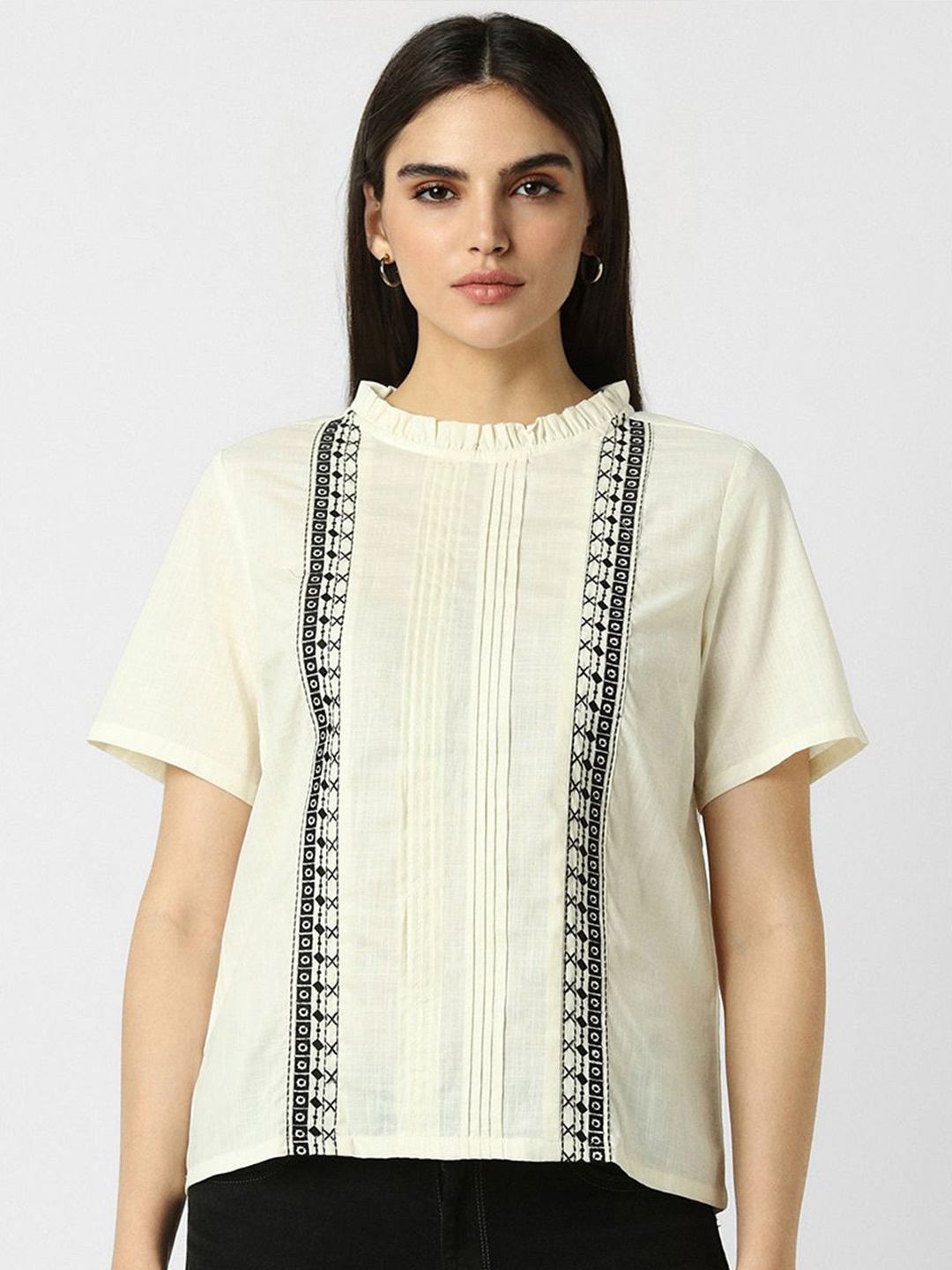

Van Heusen Woman Embroidered Pleated Round Neck Cotton Top, Yellow