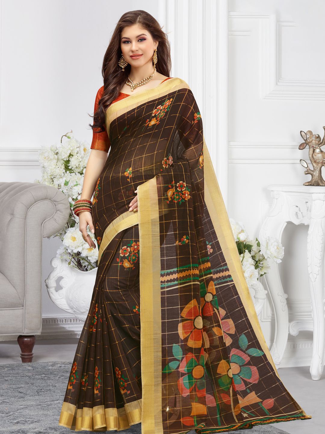 

SANGAM PRINTS Floral Zari Tussar Saree, Brown