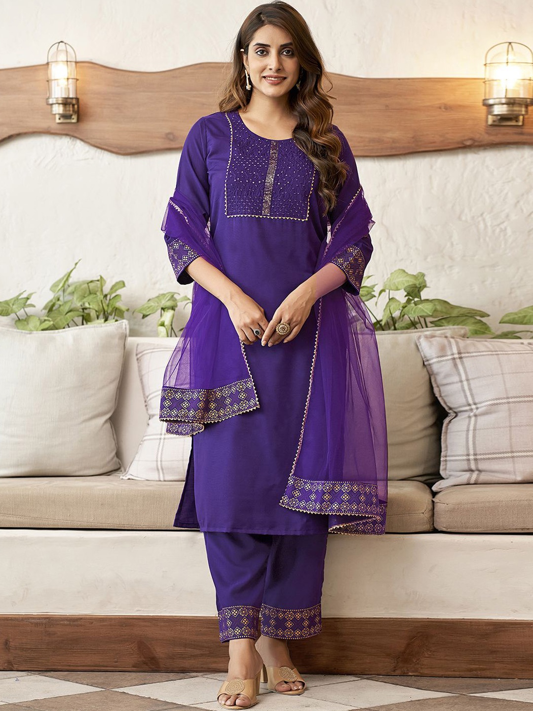

SKYLEE Embroidered Regular Sequinned Kurta with Trousers & Dupatta, Purple